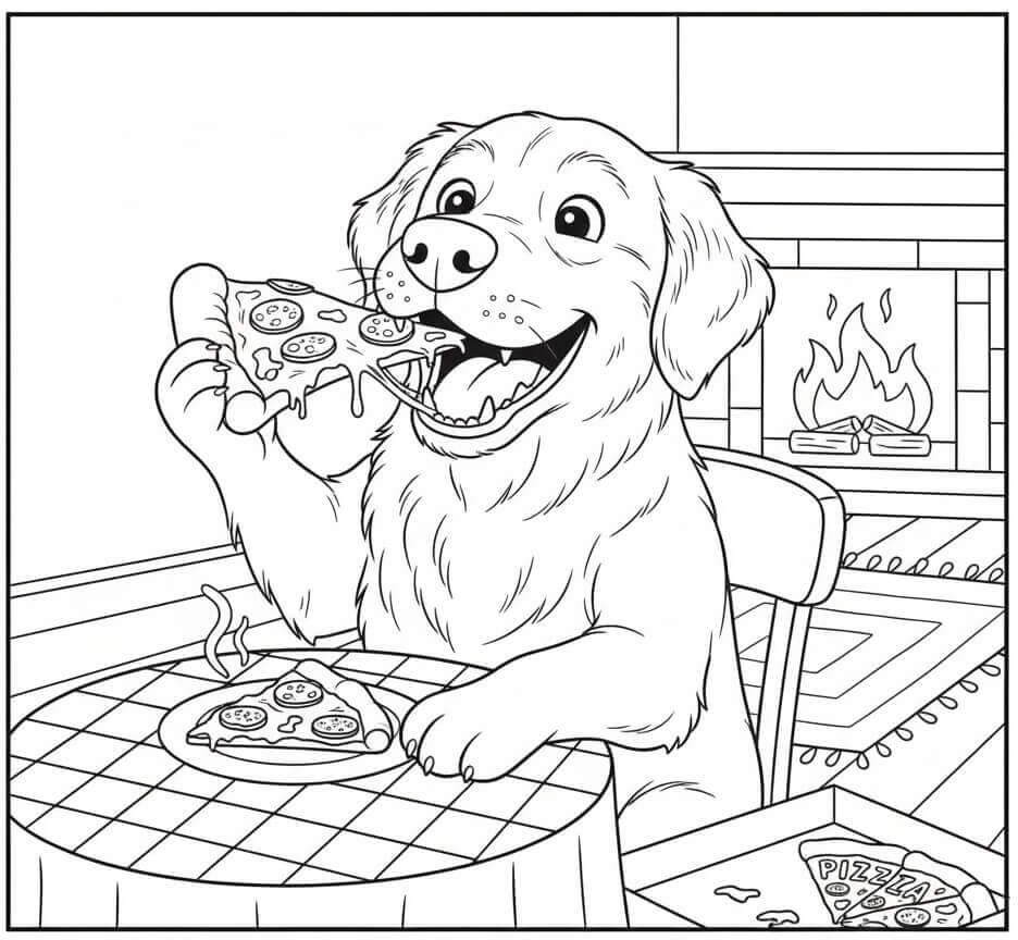 Coloriage Golden retriever mange de la pizza