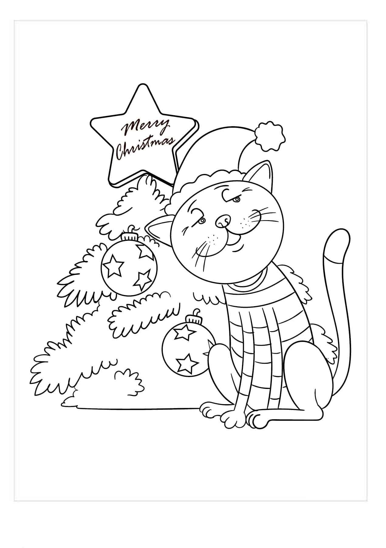 Coloriage Gratuit Chat de Noël Pour les Enfants