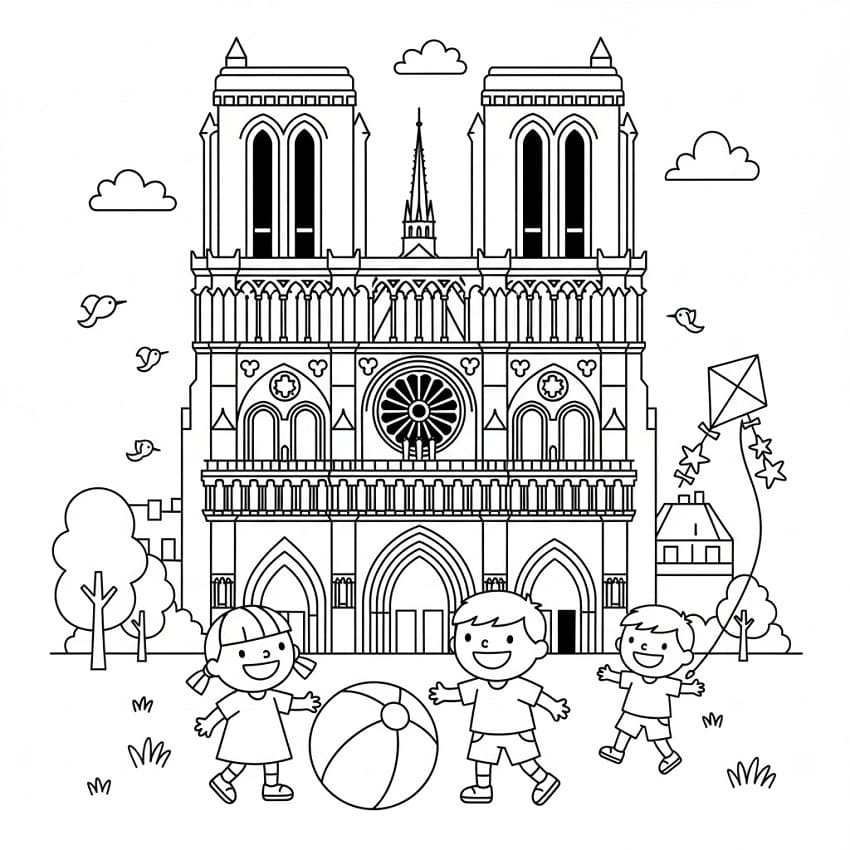 Coloriage Les Enfants et Cathédrale Notre-Dame de Paris