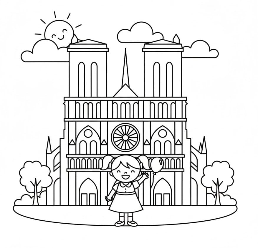 Coloriage Petite Fille et Cathédrale Notre-Dame de Paris