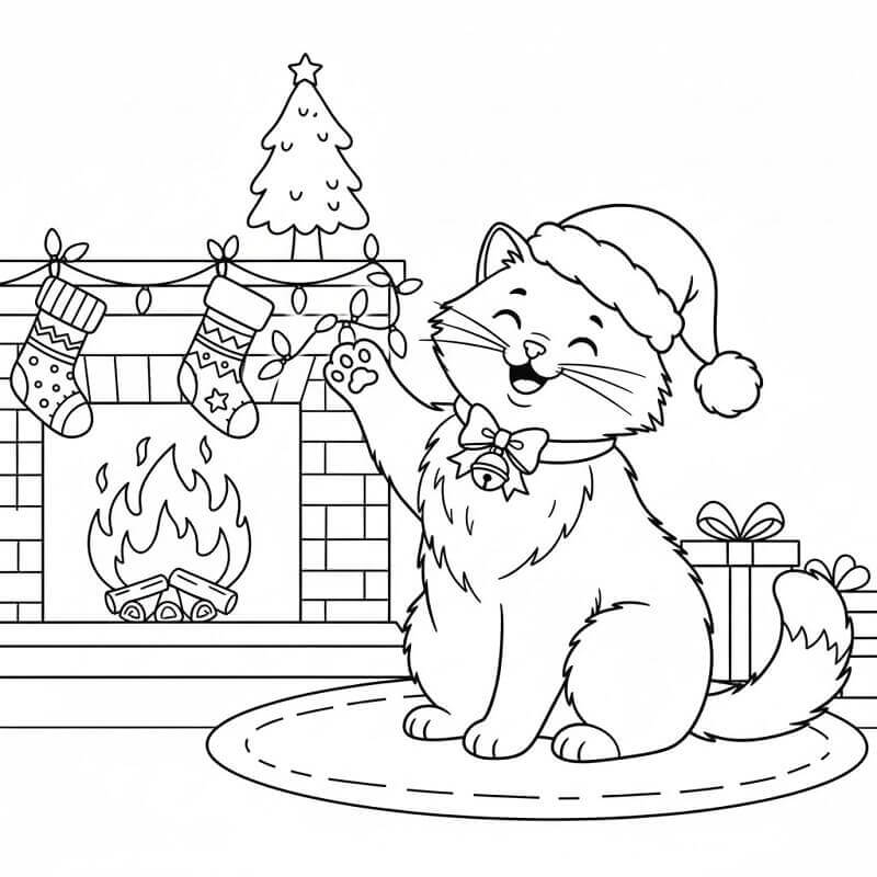 Coloriage Un adorable chat de Noël