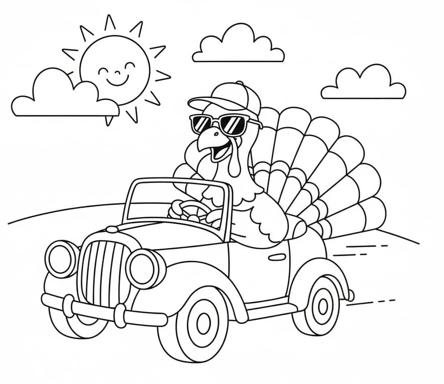 Coloriage Un dindon conduit une voiture