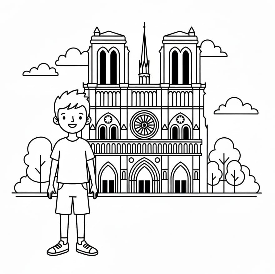 Coloriage Un Garçon et Cathédrale Notre-Dame de Paris
