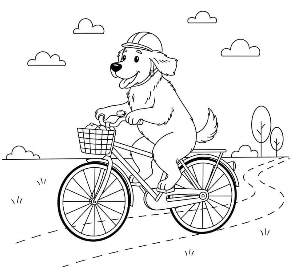 Coloriage Un golden retriever fait du vélo