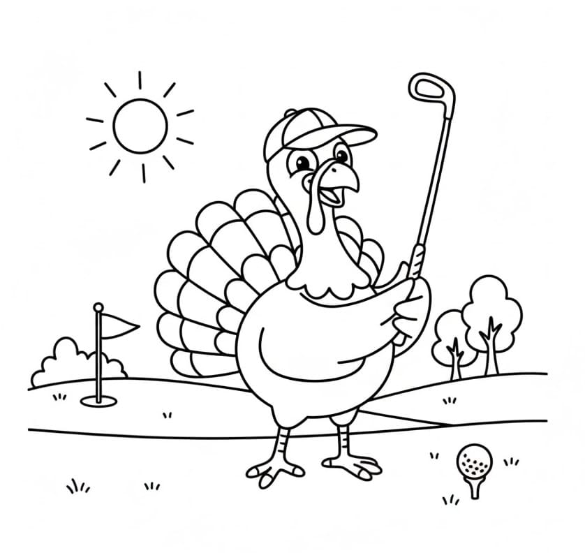 Coloriage Une dinde joue au golf