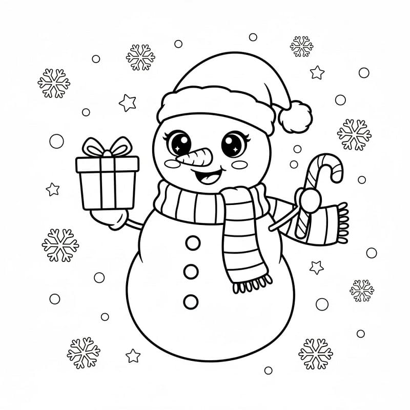 Coloriage Bonhomme de neige kawaii de Noël