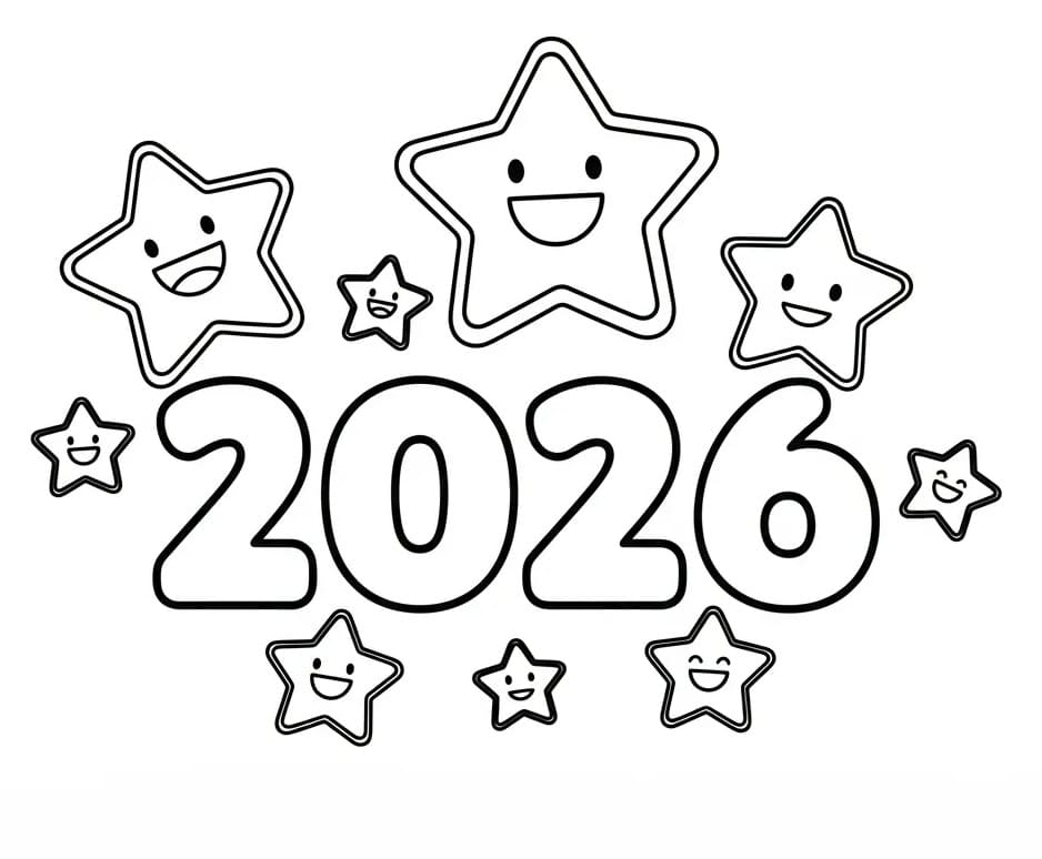 Coloriage Bonne Année 2026 avec étoiles