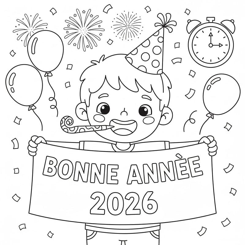 Coloriage Bonne année 2026 avec un garçon