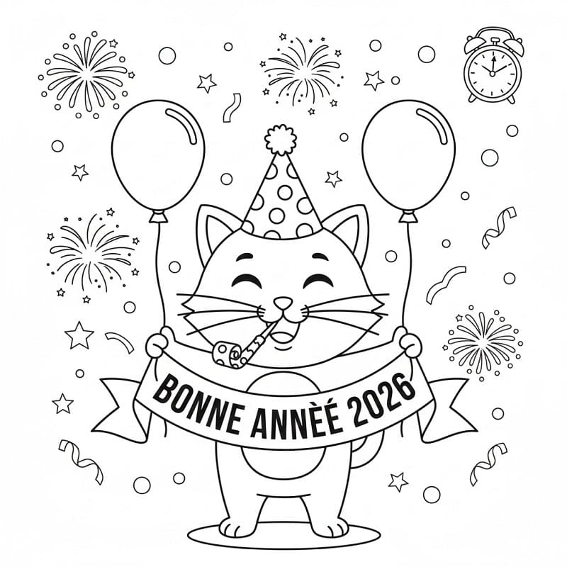 Coloriage Chat et bonne année 2026
