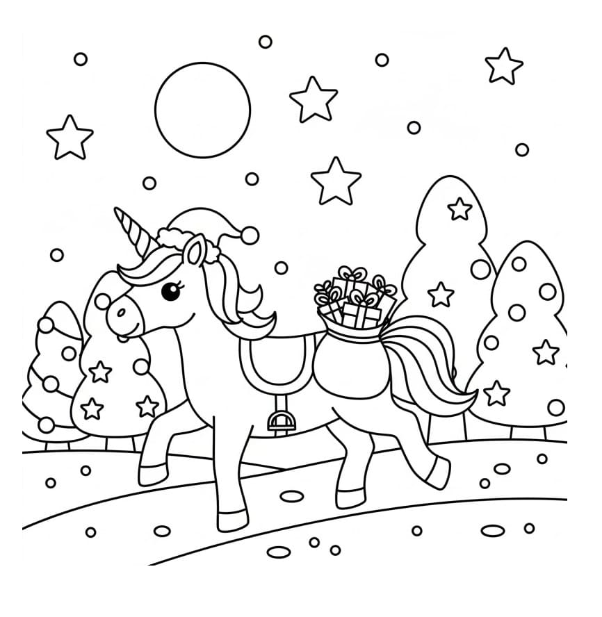 Coloriage Dessin de Licorne de Noël Gratuit