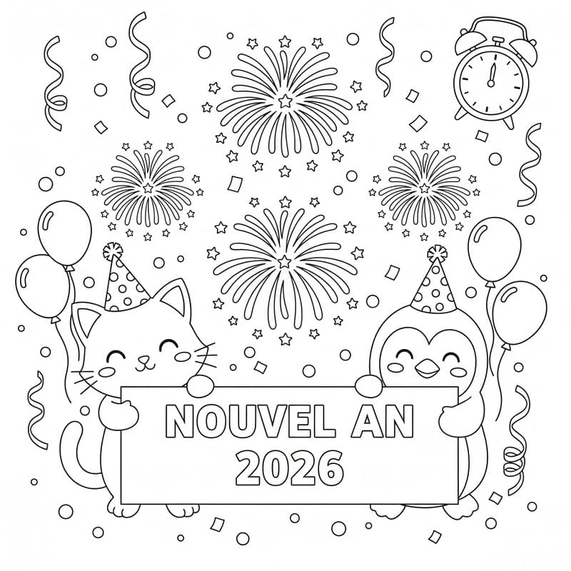 Coloriage Dessin de Nouvel An 2026 Gratuit