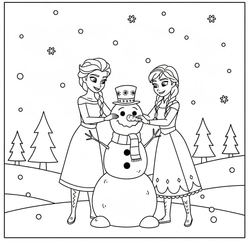 Coloriage Elsa et Anna avec Bonhomme de Neige