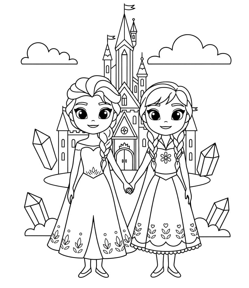 Coloriage Elsa et Anna avec Château