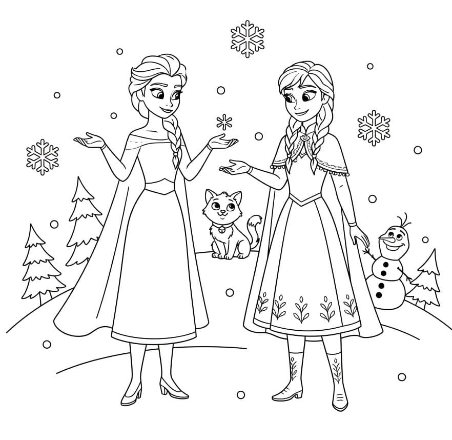 Coloriage Elsa et Anna avec Chaton