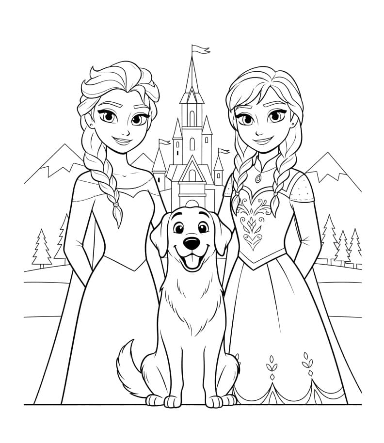 Coloriage Elsa et Anna avec Chien