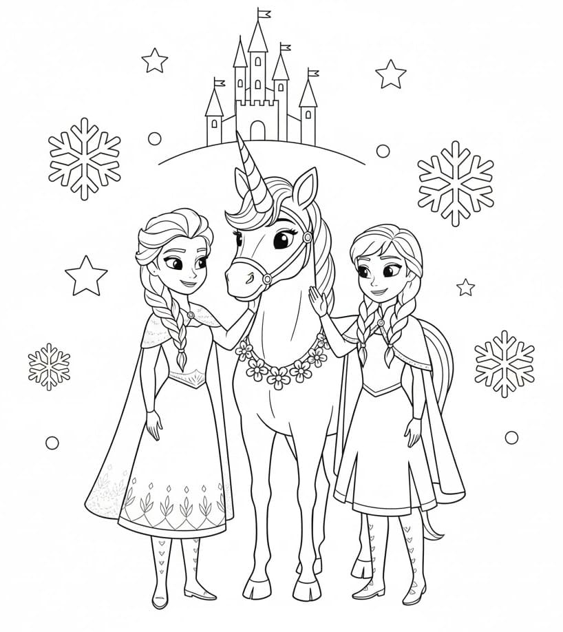 Coloriage Elsa et Anna avec Licorne