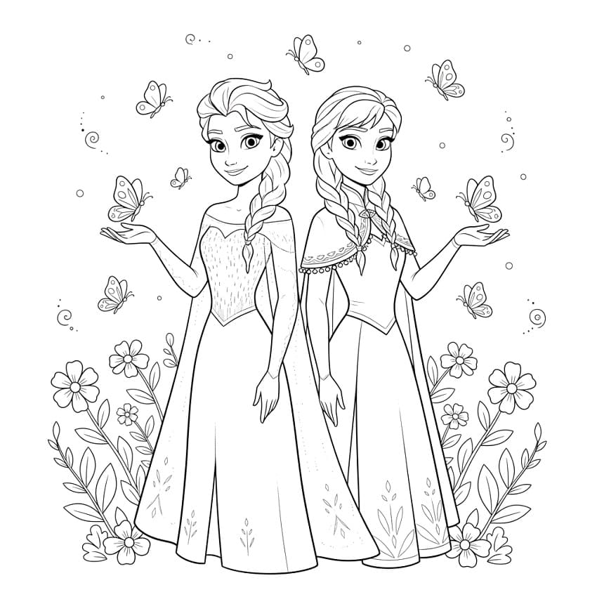Coloriage Elsa et Anna avec Papillons