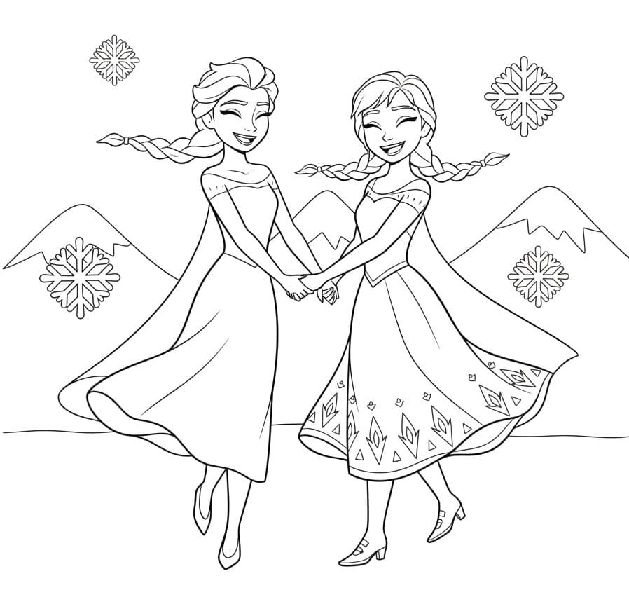 Coloriage Elsa et Anna Dansent