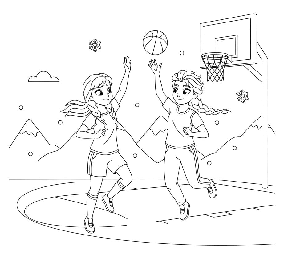 Coloriage Elsa et Anna jouent au basket-ball