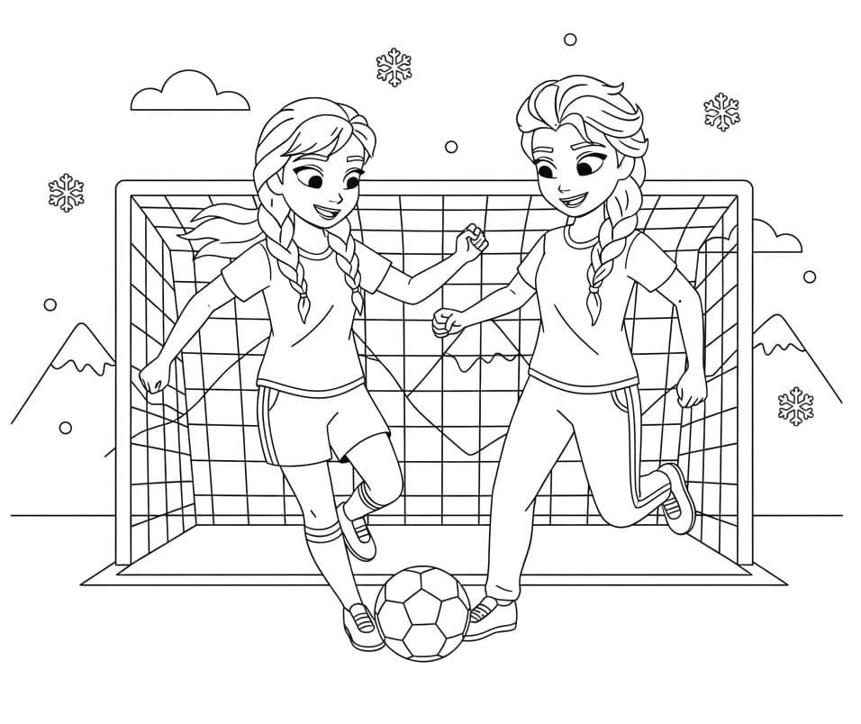 Coloriage Elsa et Anna jouent au football