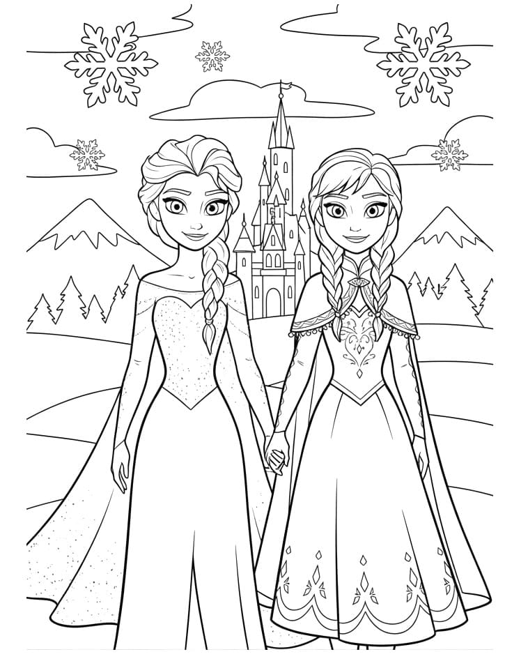 Coloriage Elsa et Anna joyeuses