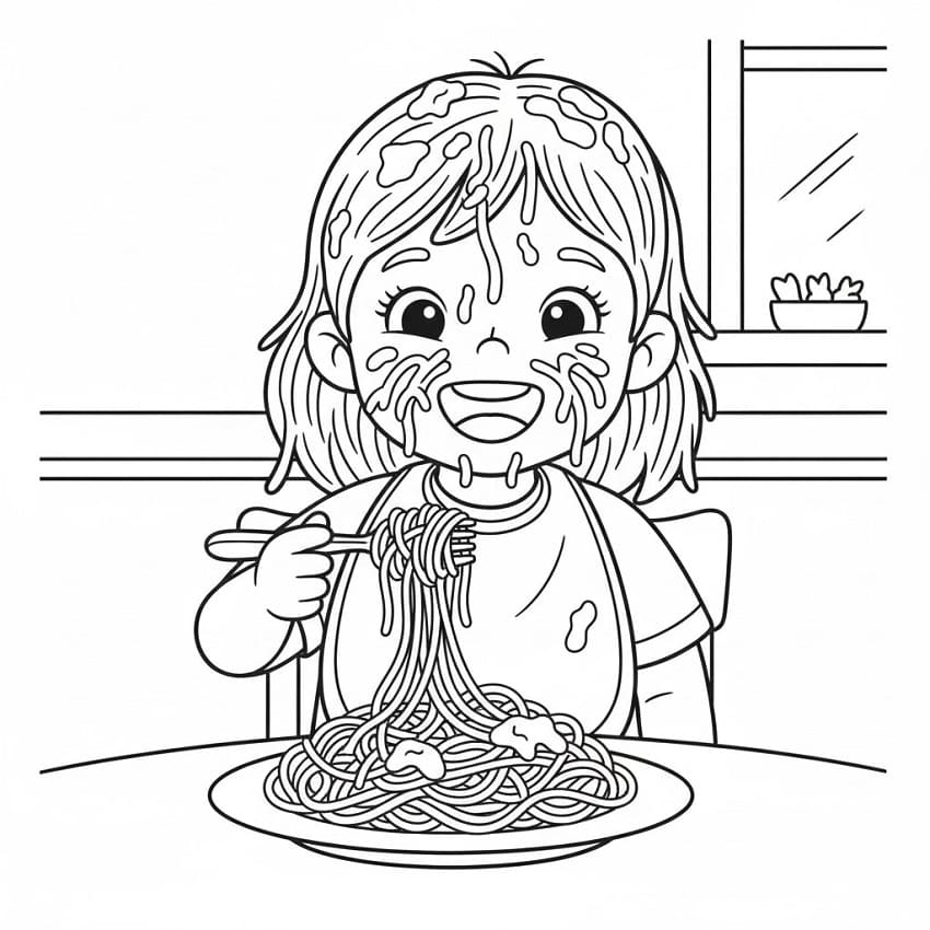 Coloriage Fille avec des spaghettis
