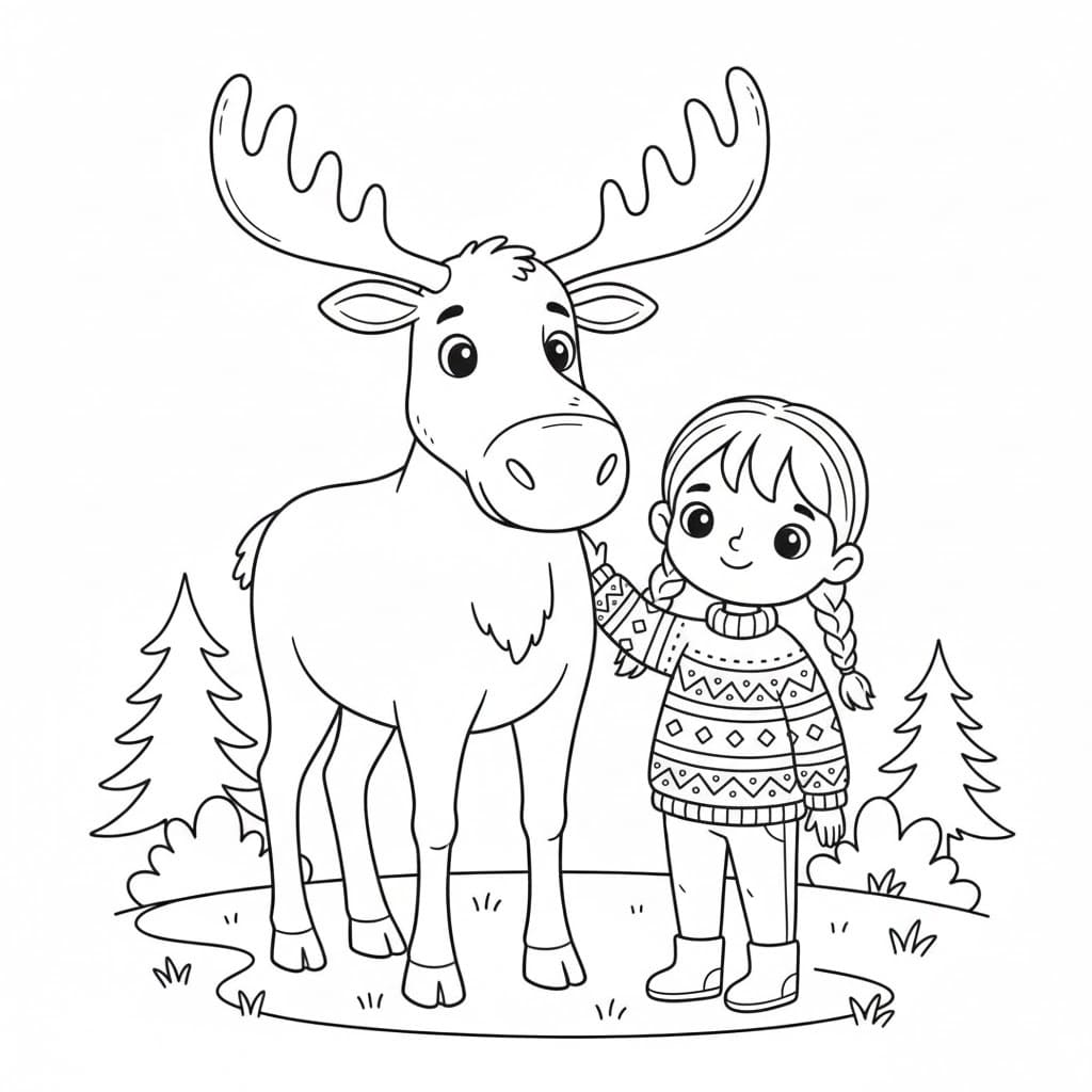 Coloriage Fille et Élan