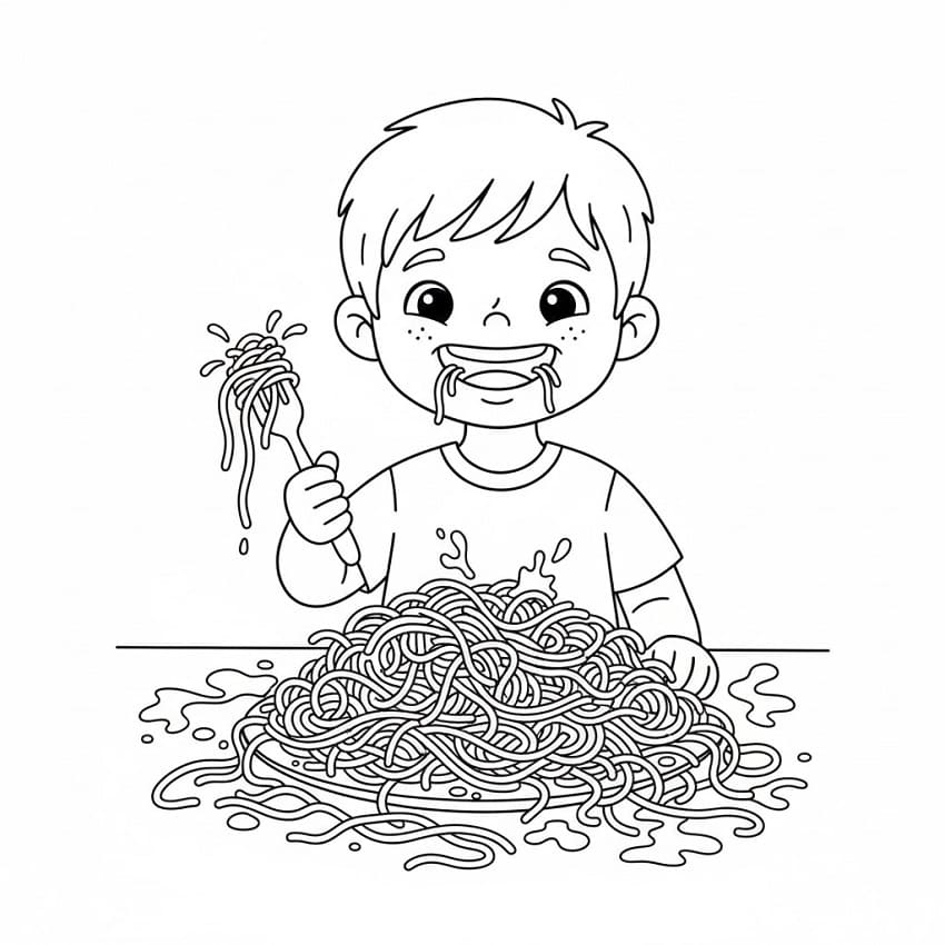 Coloriage Garçon avec des spaghettis