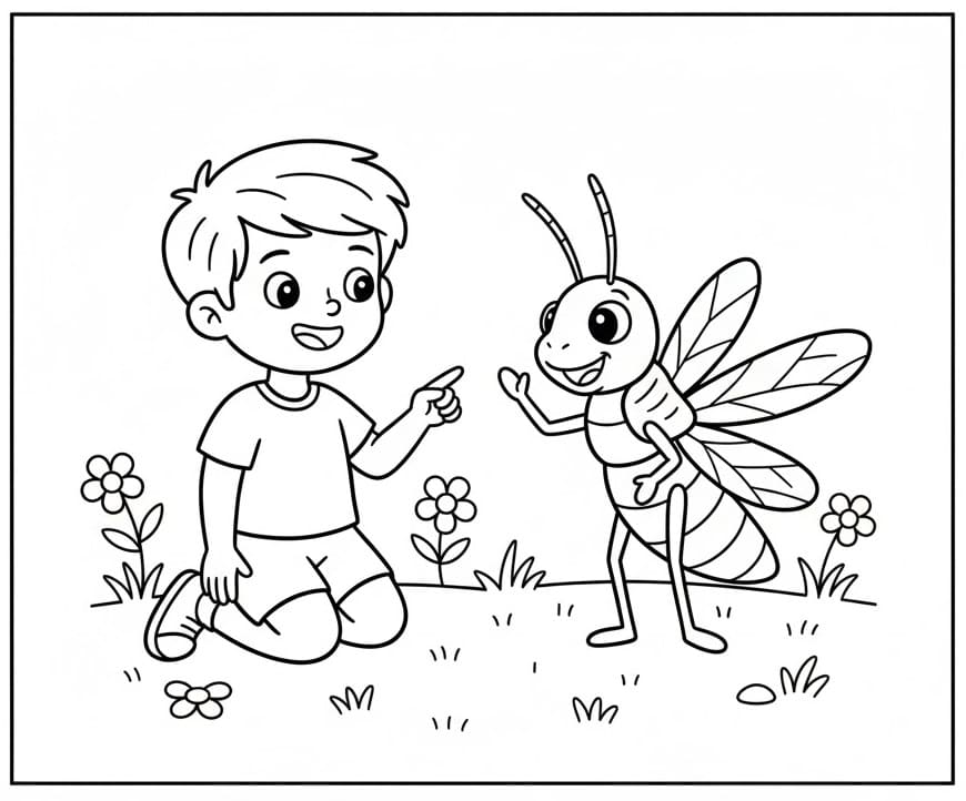 Coloriage Garçon et sauterelle