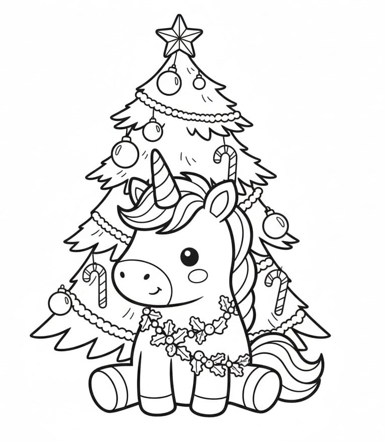Coloriage Imprimable Gratuit Licorne de Noël Pour les Enfants