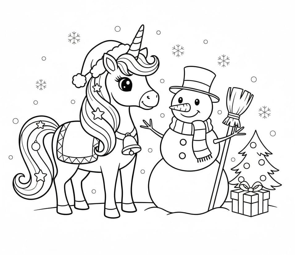 Coloriage Imprimable Licorne de Noël Pour les Enfants