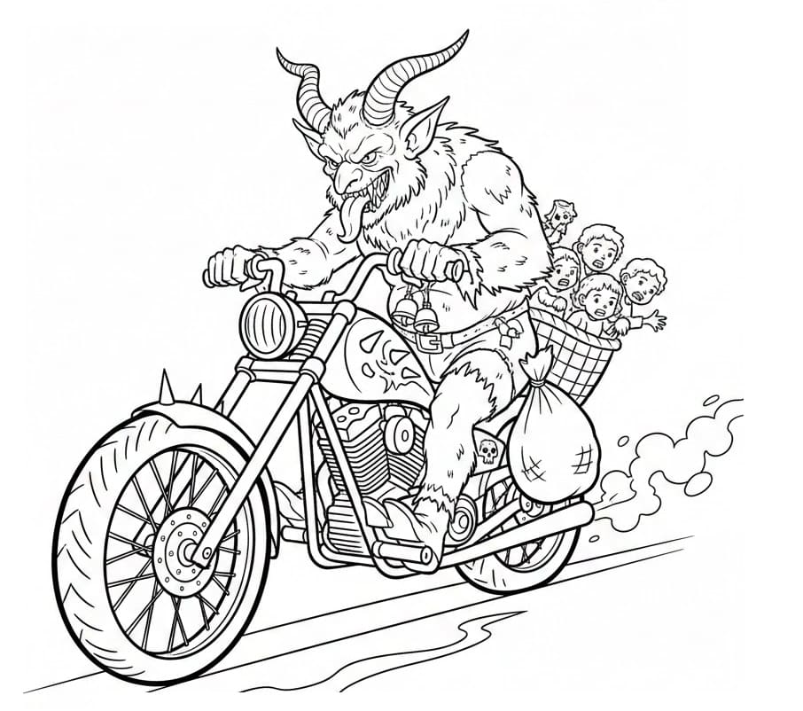 Coloriage Krampus conduit une moto