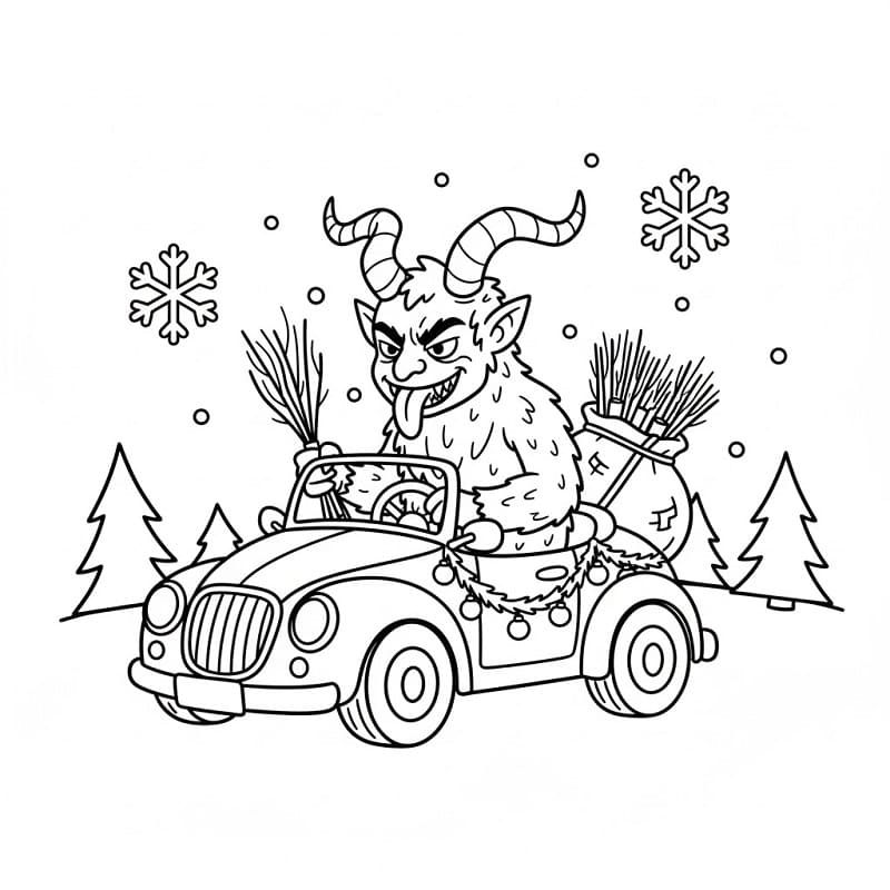 Coloriage Krampus conduit une voiture