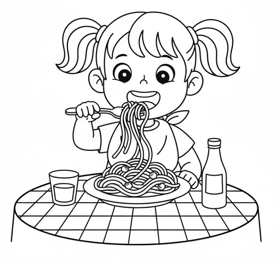 Coloriage La fille mange des spaghettis