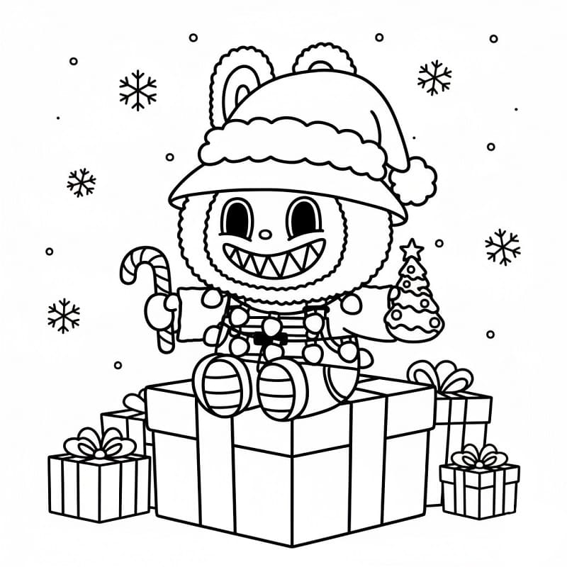 Coloriage Labubu et cadeaux de Noël