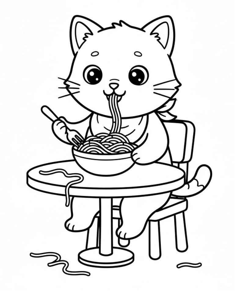 Coloriage Le chat mange des spaghettis
