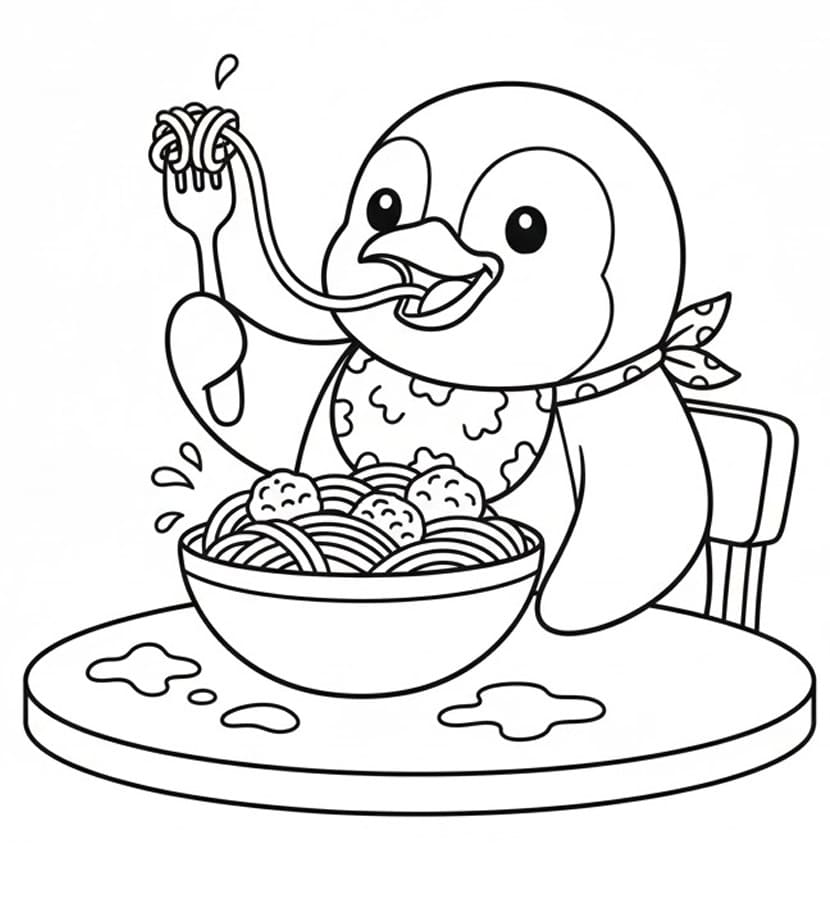 Coloriage Le pingouin mange des spaghettis