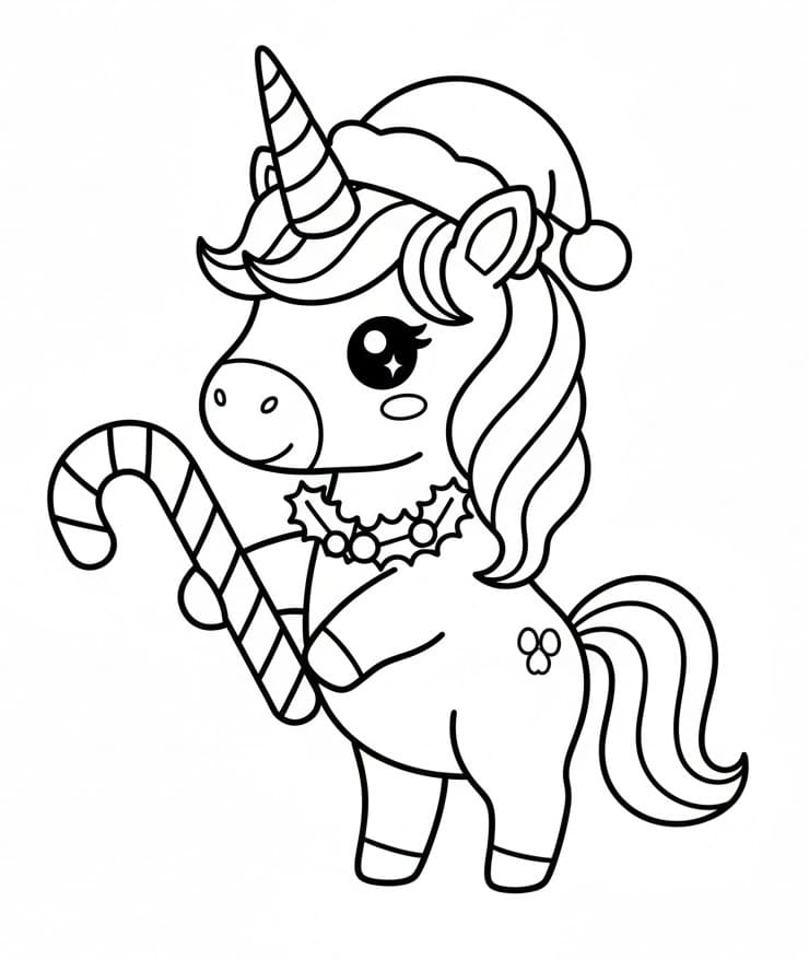 Coloriage Licorne de Noël avec canne de Noël