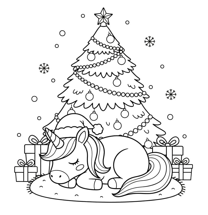Coloriage Licorne de Noël Endormie