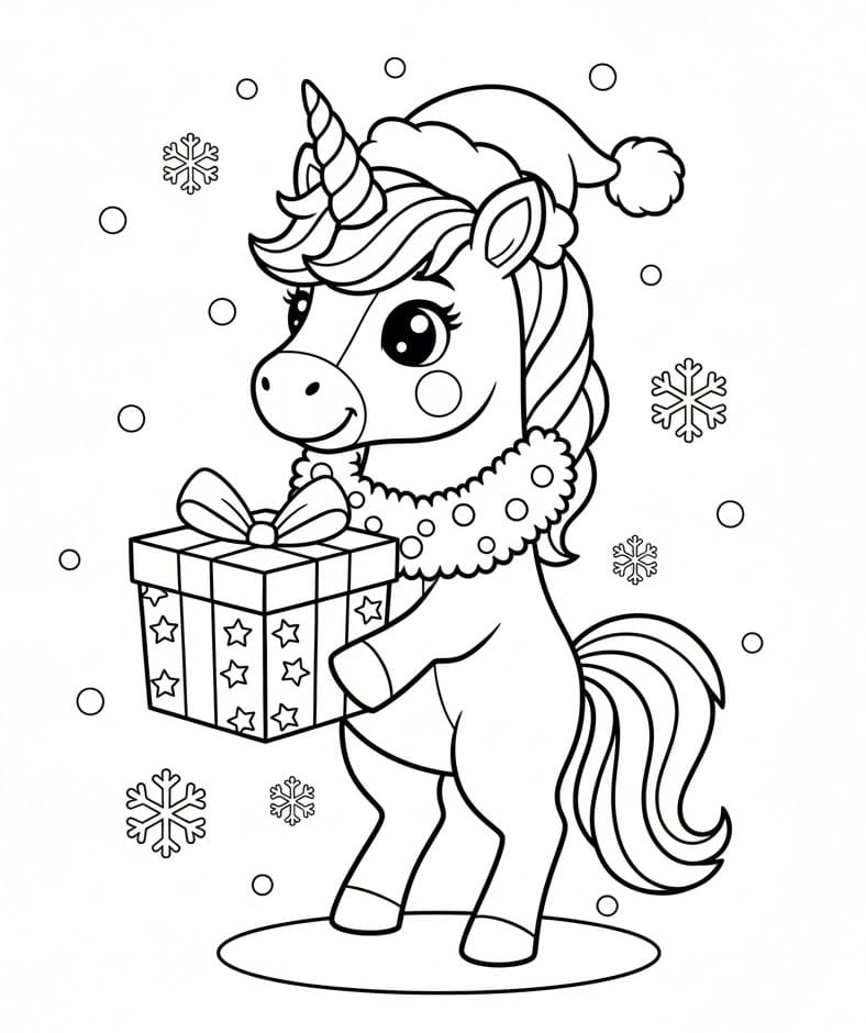Coloriage Licorne de Noël et cadeau