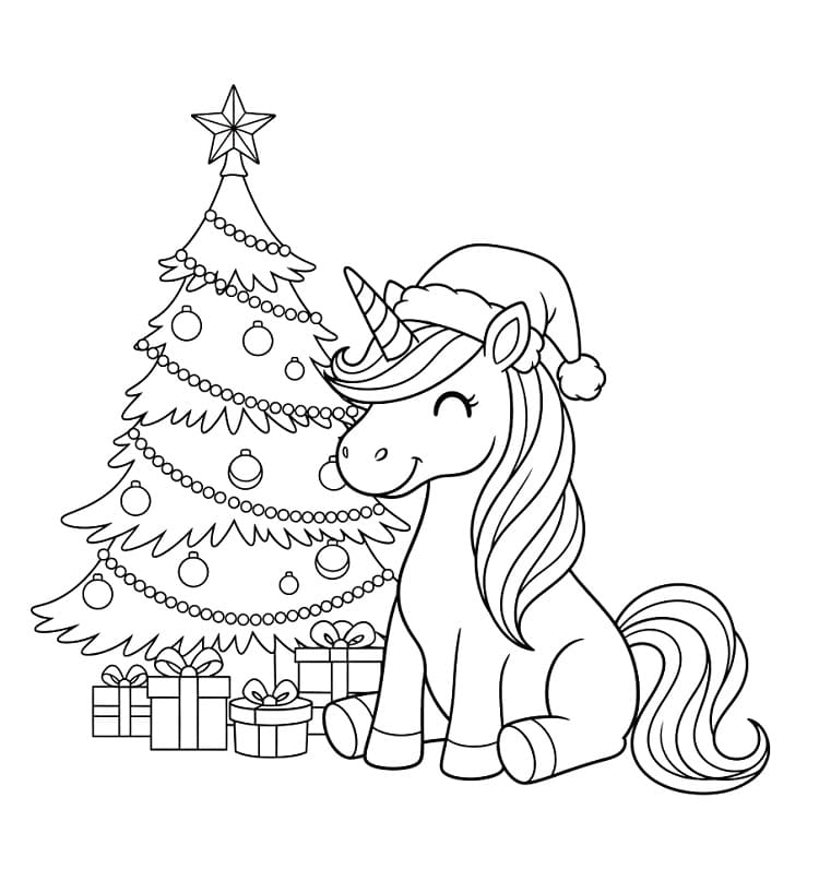 Coloriage Licorne de Noël et sapin de Noël