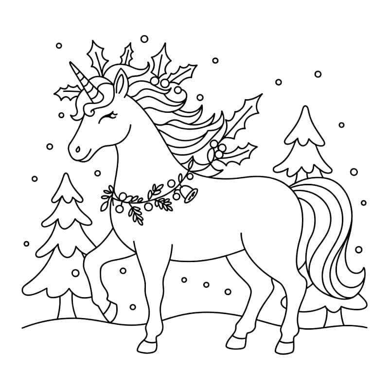 Coloriage Licorne de Noël Gratuit Pour les Enfants
