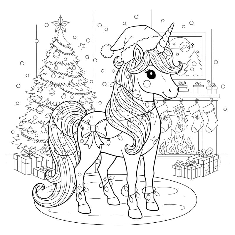 Coloriage Licorne de Noël Gratuit