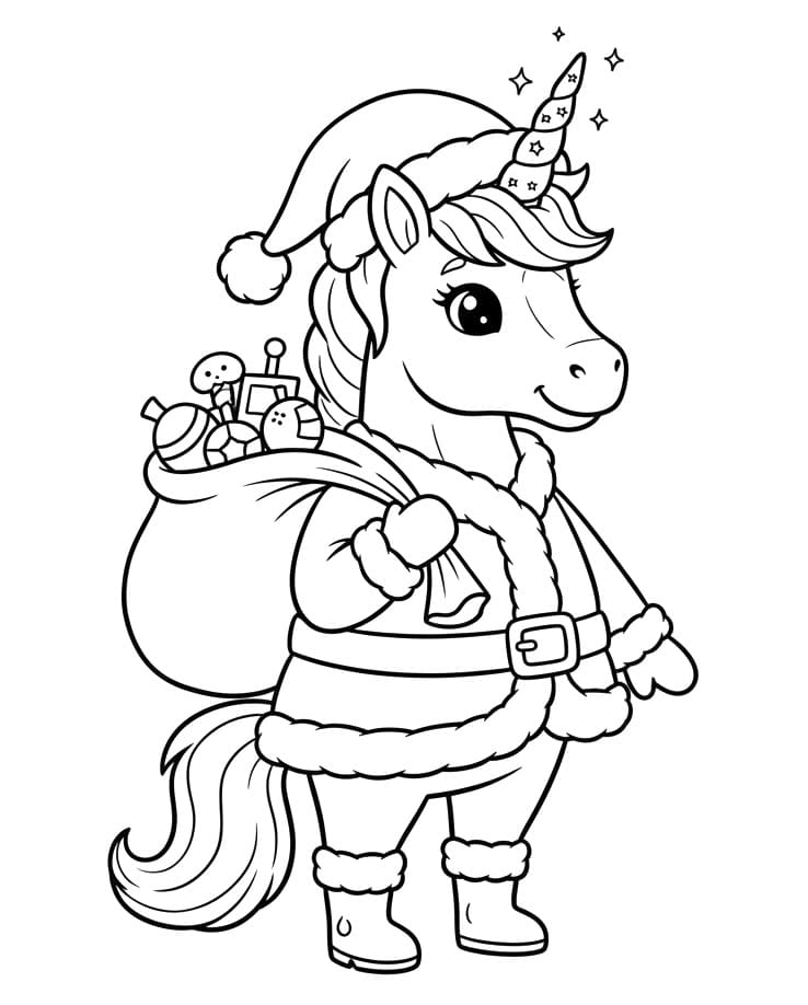Coloriage Licorne de Noël Imprimable Gratuit Pour les Enfants