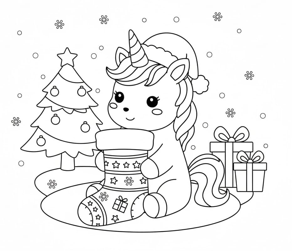 Coloriage Licorne de Noël Imprimable Gratuit