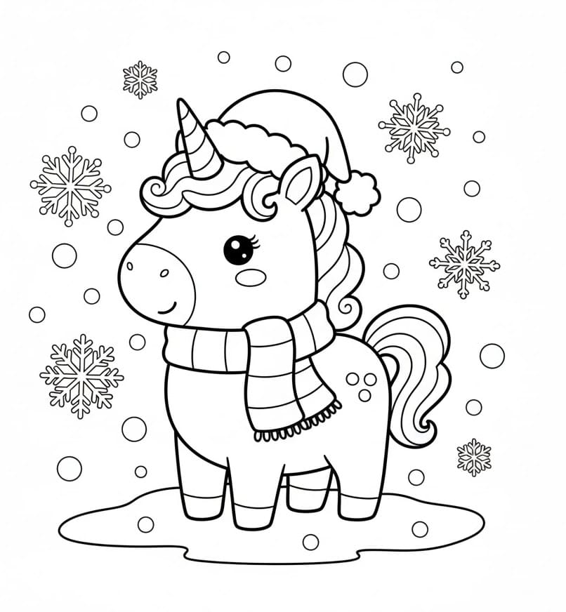 Coloriage Licorne de Noël Kawaii