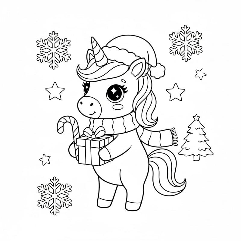 Coloriage Licorne de Noël kawaii