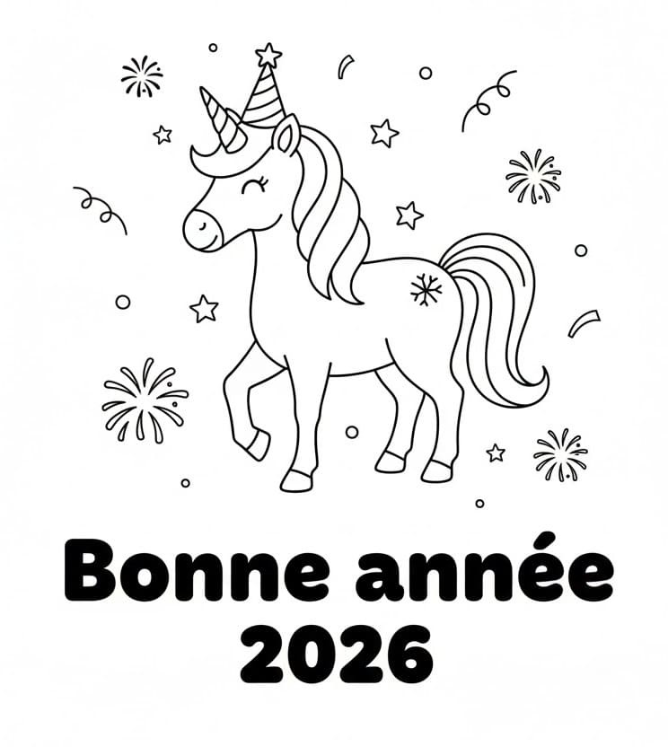 Coloriage Licorne et bonne année 2026