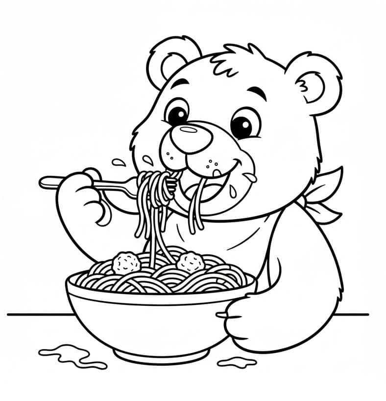 Coloriage L'ours mange des spaghettis