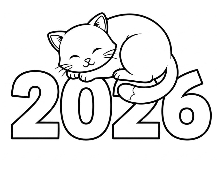 Coloriage Nouvel An 2026 avec chat